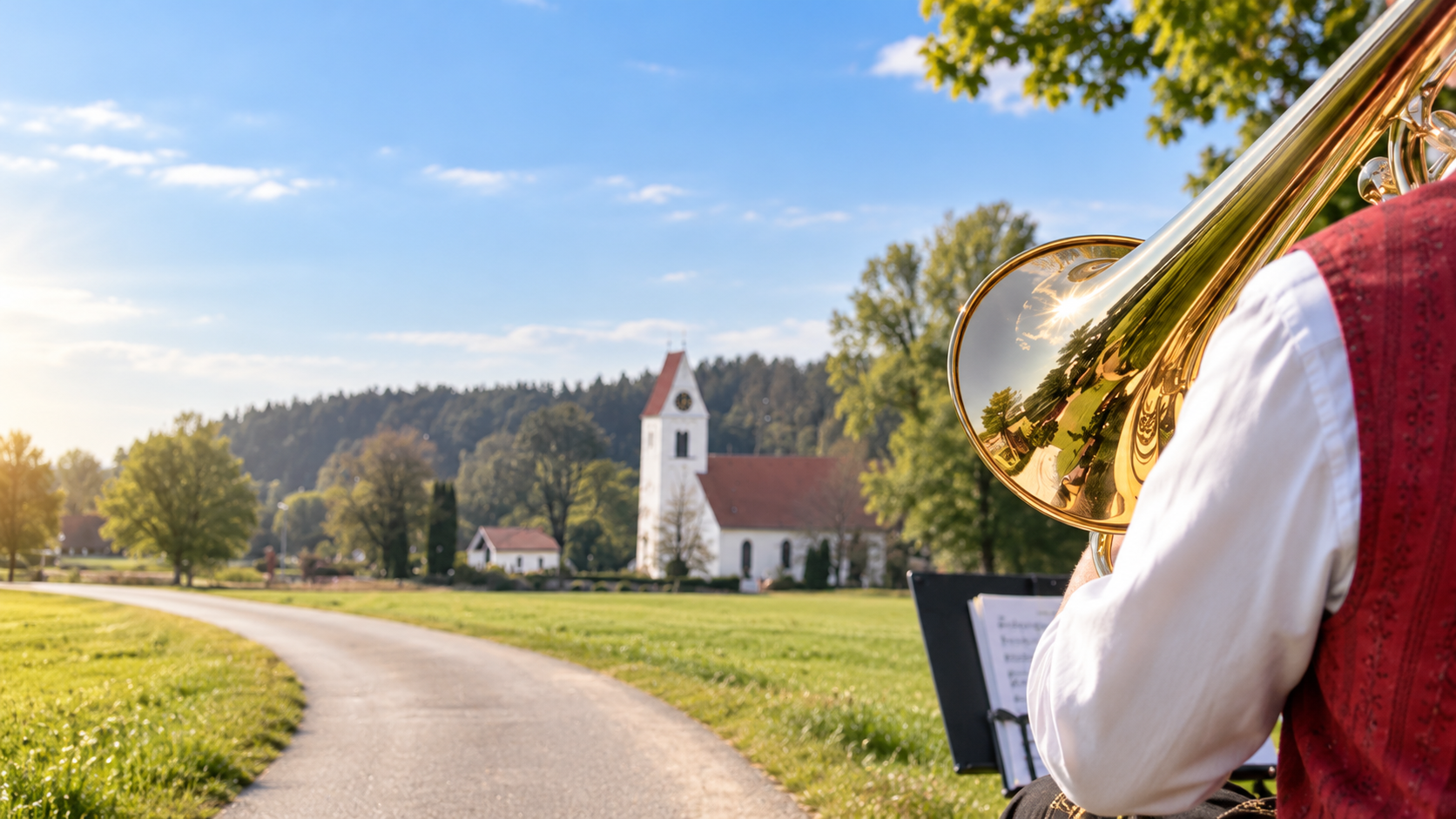 Musiker des Musikvereins Haslach mit Blechblasinstrument bei einer Probe im Freien, im Hintergrund die Kirche von Haslach